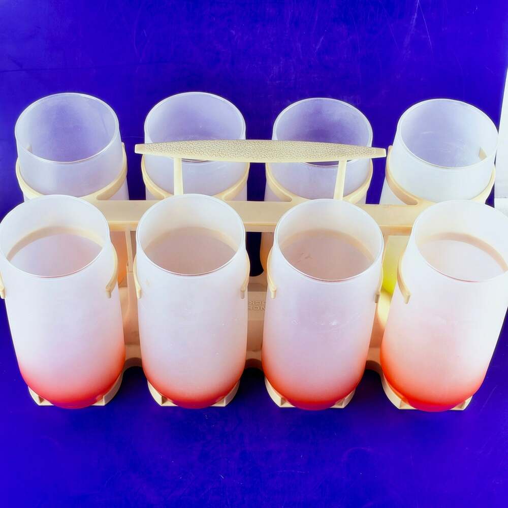 Vintage Anchor Hocking Frosted Ombre Tumblers Set 8 Caddy Carrier Color Fade